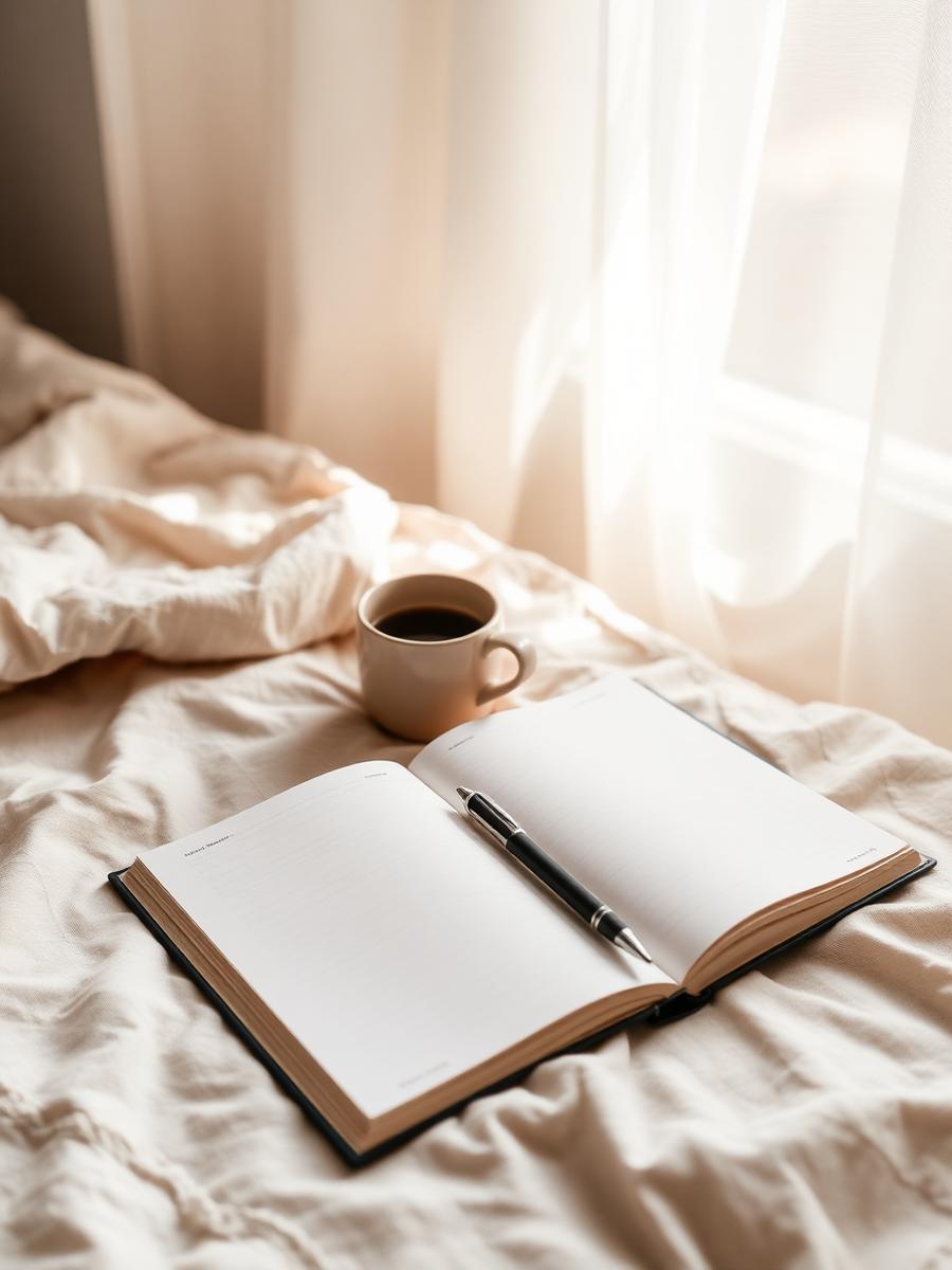 An open journal and coffee in soft morning light