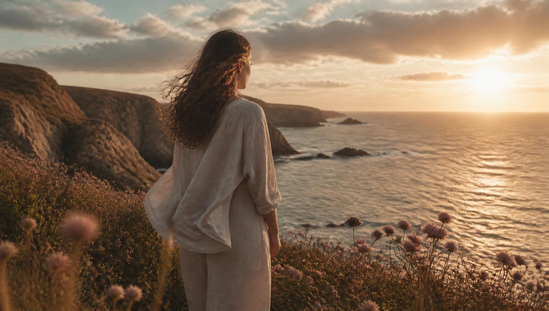 A woman looking out over the Cornish coastline at golden hour
