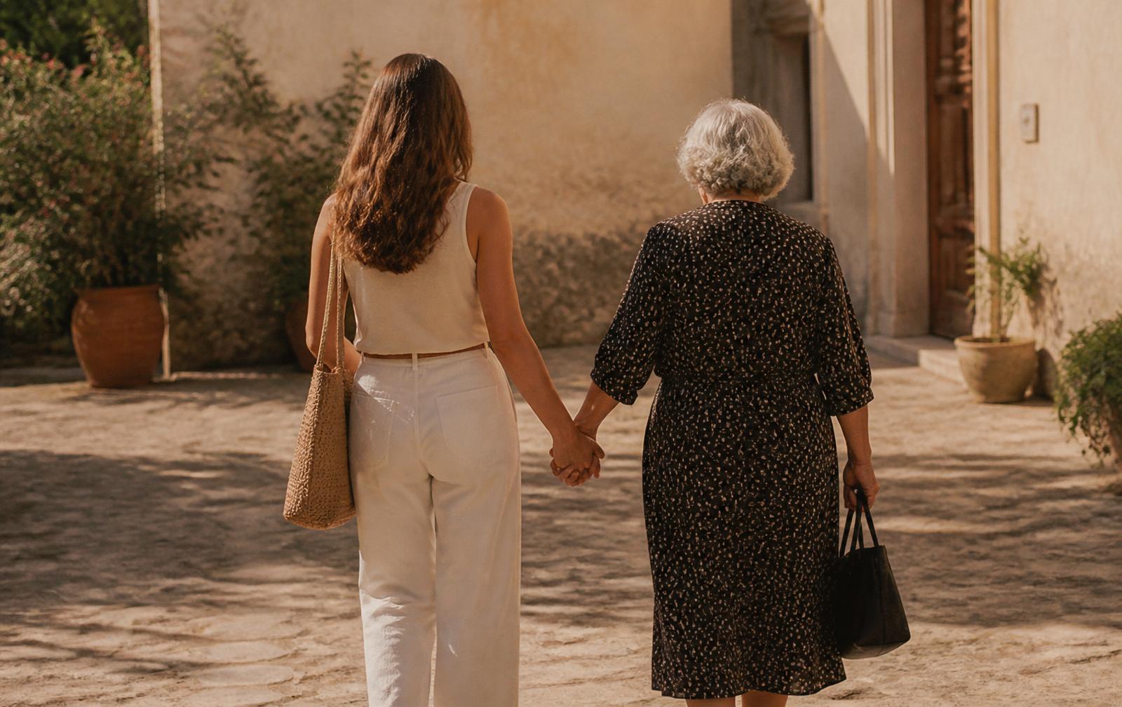 A younger and older woman walking hand in hand through a sunlit courtyard